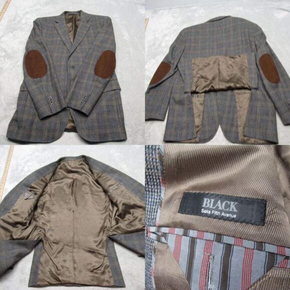 Saks Fifth Avenue Black‎ Label Wool Blazer Mens 40R Gray Plaid 2 Vent Sport Coat